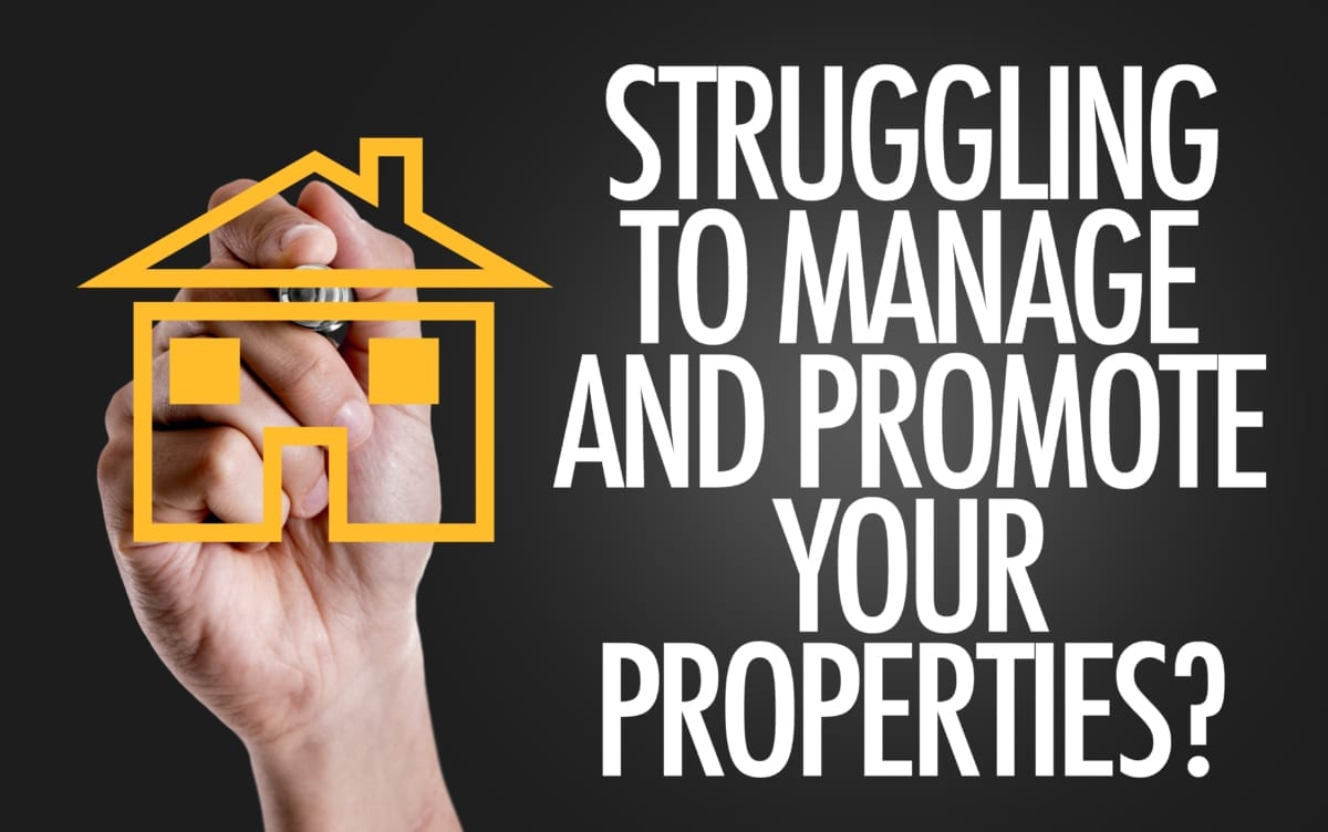 Hand and house icon. Text: Struggling to manage and promote your properties?