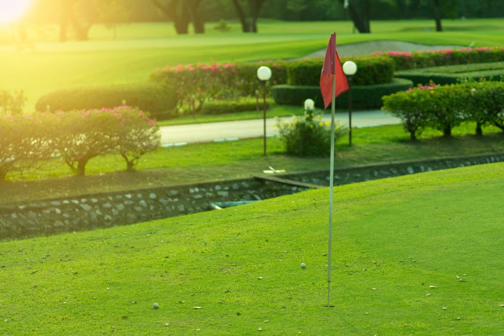 Golf course green with red flag flying from pin.